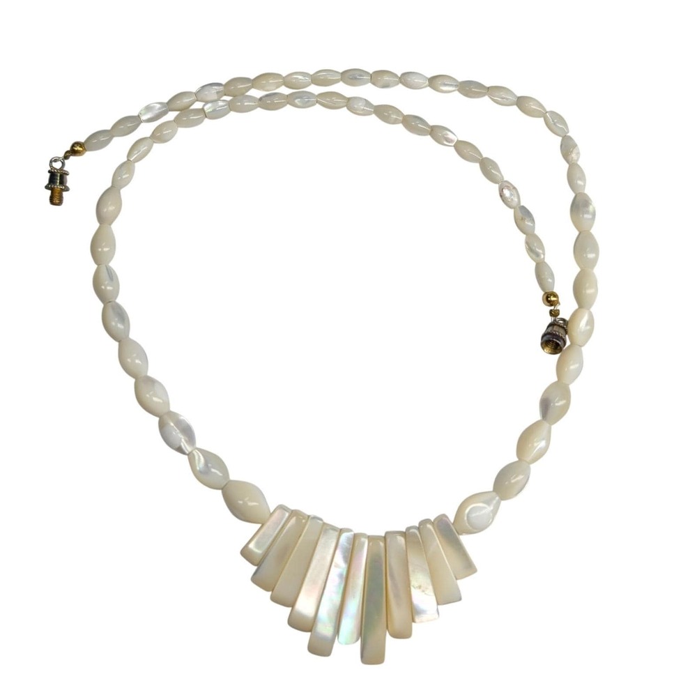 Vintage Mother of Pearl Necklace Fringe Fan Oval Beads Statement Pendant